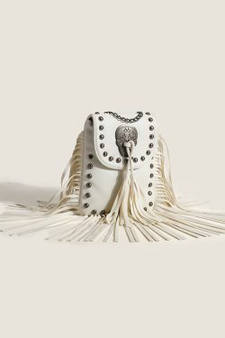 Fashion Brown Tasseled Rivet Faux Leather Messenger Bag