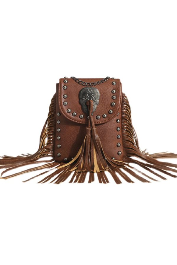 Fashion Brown Tasseled Rivet Faux Leather Messenger Bag