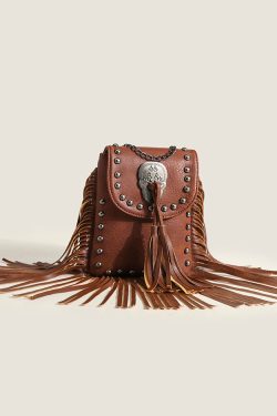 Fashion Brown Tasseled Rivet Faux Leather Messenger Bag