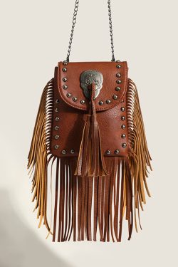 Fashion Brown Tasseled Rivet Faux Leather Messenger Bag