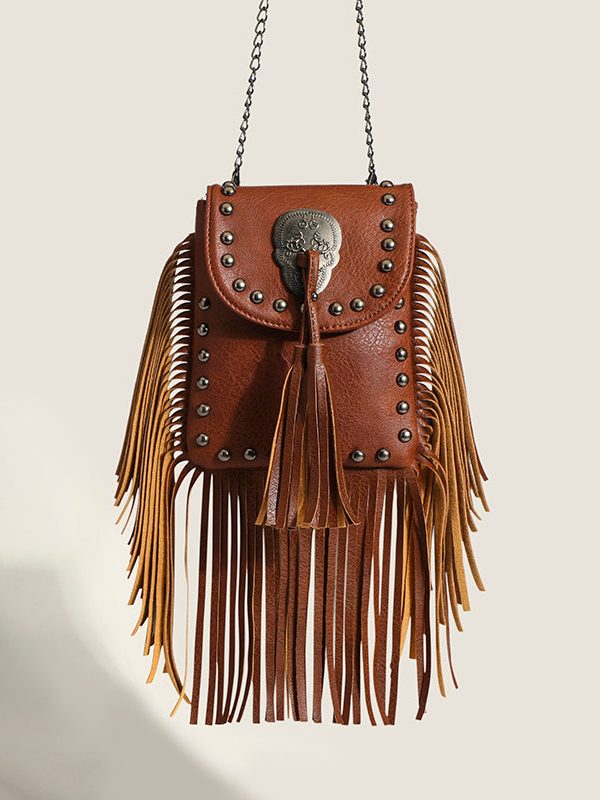 Fashion Brown Tasseled Rivet Faux Leather Messenger Bag