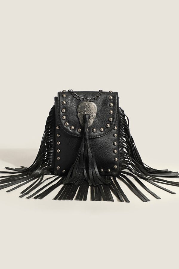 Fashion Brown Tasseled Rivet Faux Leather Messenger Bag