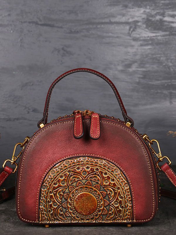 Fashion Brown The Sunflowers Embossing Calf Leather Rivet Tote Handbag