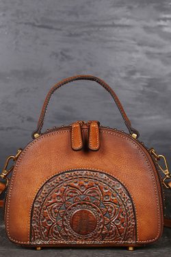 Fashion Brown The Sunflowers Embossing Calf Leather Rivet Tote Handbag