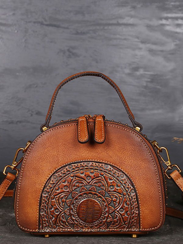 Fashion Brown The Sunflowers Embossing Calf Leather Rivet Tote Handbag