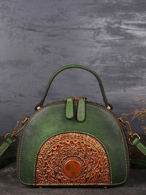 Fashion Brown The Sunflowers Embossing Calf Leather Rivet Tote Handbag