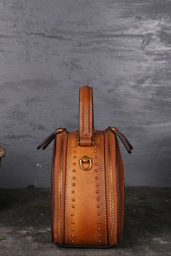 Fashion Brown The Sunflowers Embossing Calf Leather Rivet Tote Handbag