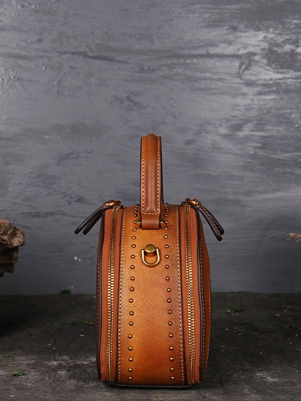 Fashion Brown The Sunflowers Embossing Calf Leather Rivet Tote Handbag