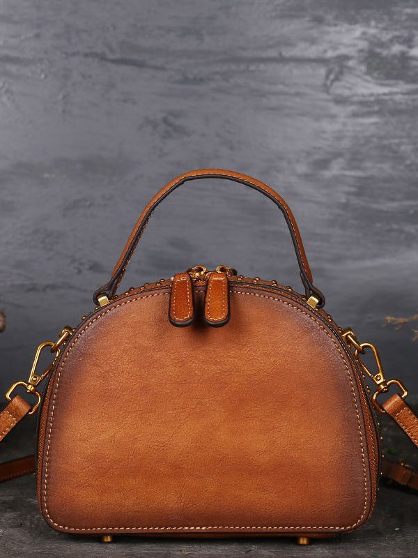 Fashion Brown The Sunflowers Embossing Calf Leather Rivet Tote Handbag