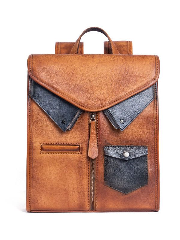 Fashion Brown Versatile Paitings Calf Leather Backpack Bag
