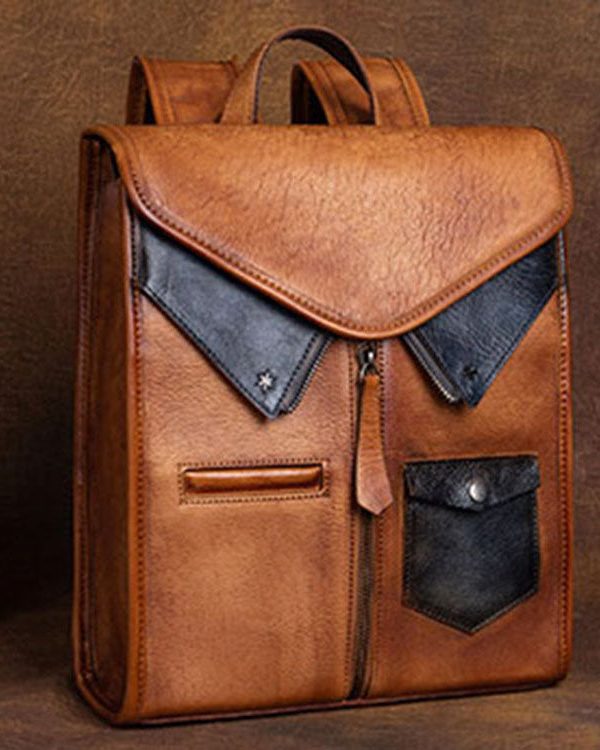 Fashion Brown Versatile Paitings Calf Leather Backpack Bag