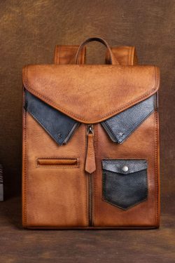 Fashion Brown Versatile Paitings Calf Leather Backpack Bag