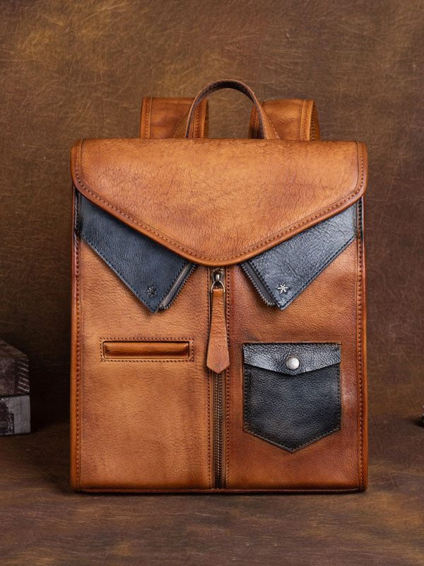 Fashion Brown Versatile Paitings Calf Leather Backpack Bag