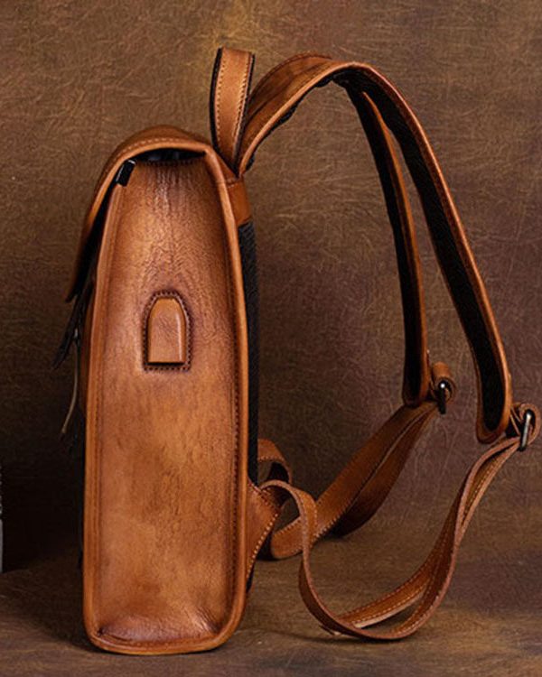 Fashion Brown Versatile Paitings Calf Leather Backpack Bag