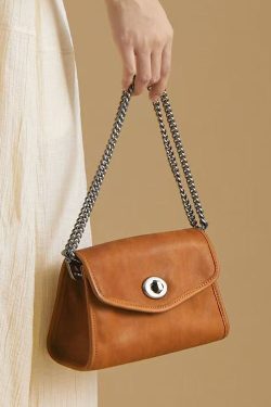 Fashion Caramel Chain Linked Calf Leather Satchel Handbag