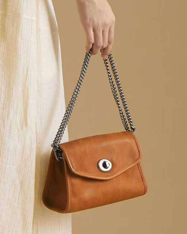 Fashion Caramel Chain Linked Calf Leather Satchel Handbag