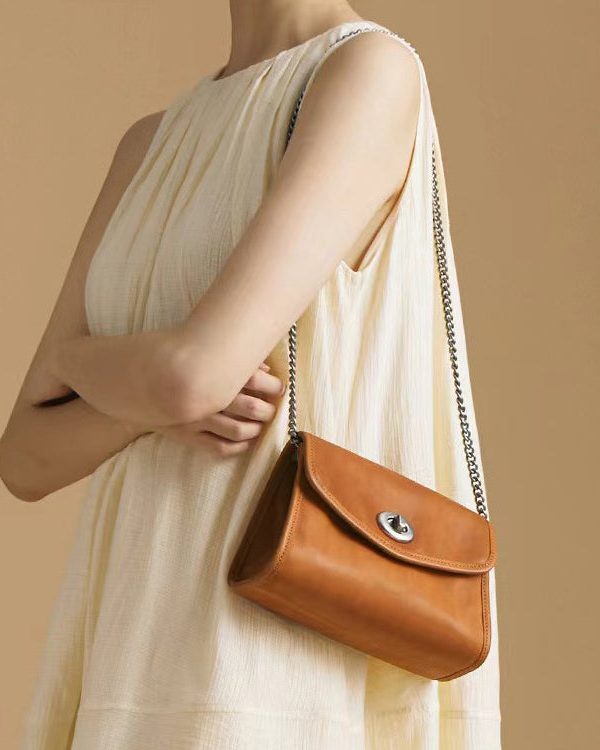 Fashion Caramel Chain Linked Calf Leather Satchel Handbag