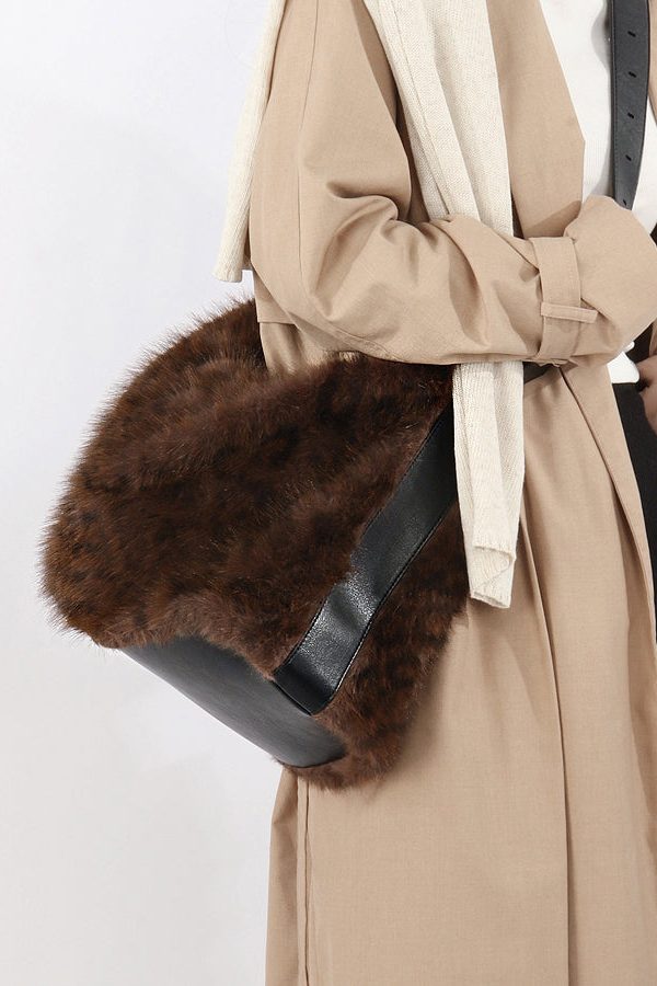 Fashion Coffee Leopard Large Capacity Fuzzy Fur Satchel Bag Handbag