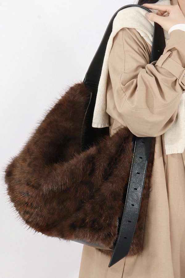 Fashion Coffee Leopard Large Capacity Fuzzy Fur Satchel Bag Handbag