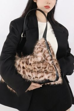 Fashion Coffee Leopard Large Capacity Fuzzy Fur Satchel Bag Handbag