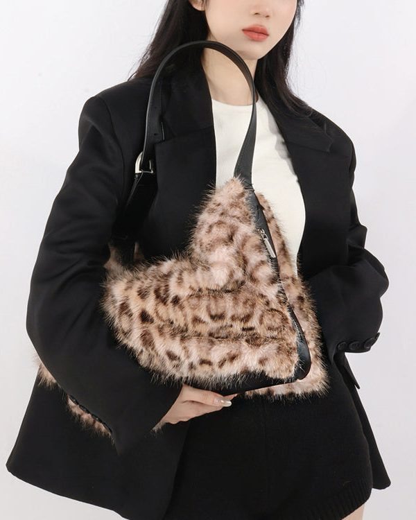 Fashion Coffee Leopard Large Capacity Fuzzy Fur Satchel Bag Handbag