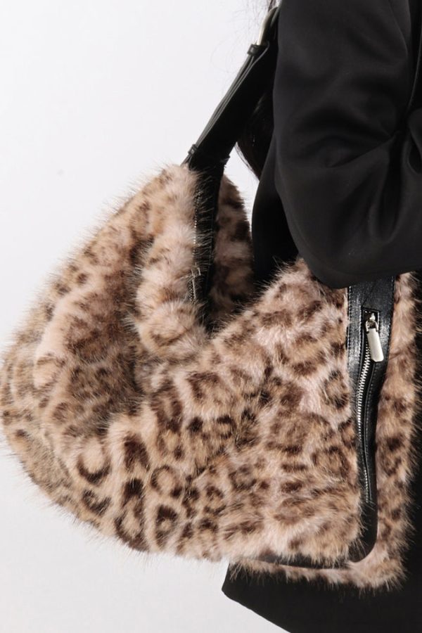 Fashion Coffee Leopard Large Capacity Fuzzy Fur Satchel Bag Handbag