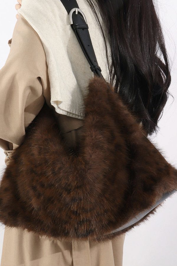 Fashion Coffee Leopard Large Capacity Fuzzy Fur Satchel Bag Handbag