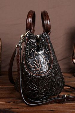 Fashion Dark Chocolate Branch Embossing Calf Leather Tote Handbag