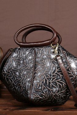 Fashion Dark Chocolate Branch Embossing Calf Leather Tote Handbag