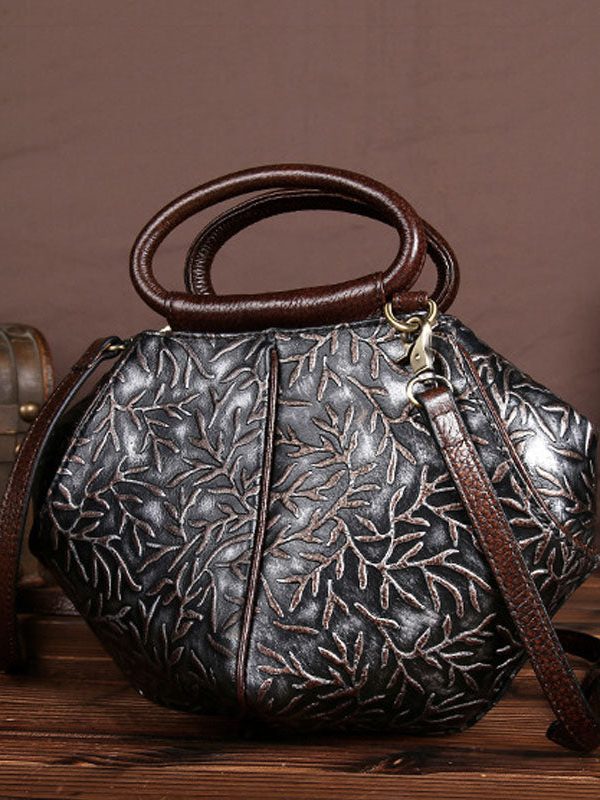 Fashion Dark Chocolate Branch Embossing Calf Leather Tote Handbag