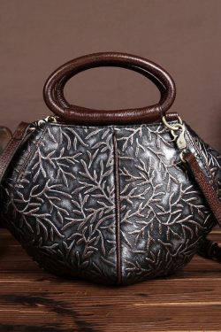 Fashion Dark Chocolate Branch Embossing Calf Leather Tote Handbag