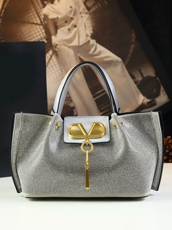 Fashion Gold Zircon Large Capacity Calf Leather Tote Handbag