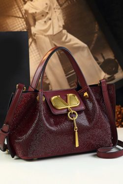 Fashion Gold Zircon Large Capacity Calf Leather Tote Handbag