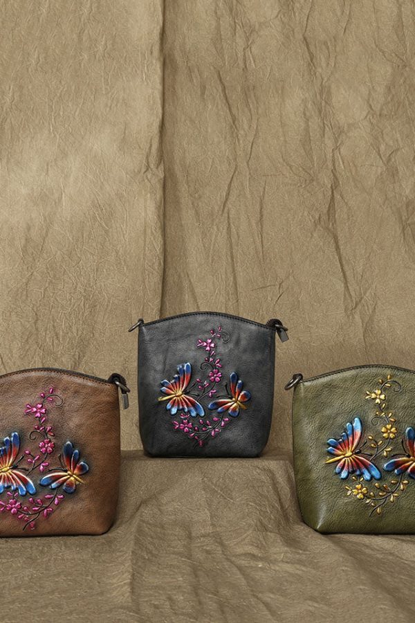 Fashion Green Butterfly Embossing Calf Leather Satchel Handbag