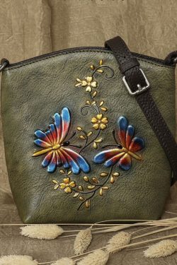 Fashion Green Butterfly Embossing Calf Leather Satchel Handbag