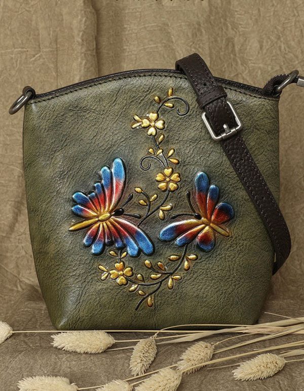 Fashion Green Butterfly Embossing Calf Leather Satchel Handbag