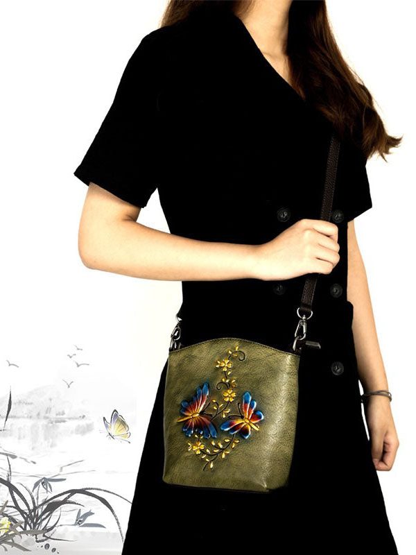 Fashion Green Butterfly Embossing Calf Leather Satchel Handbag