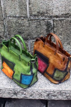 Fashion Green Patchwork Calf Leather Rivet Tote Handbag