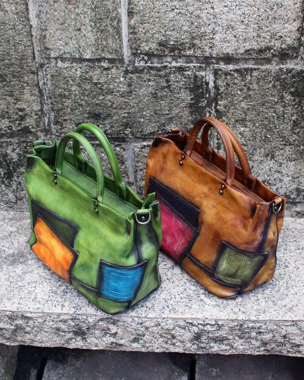 Fashion Green Patchwork Calf Leather Rivet Tote Handbag