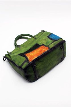 Fashion Green Patchwork Calf Leather Rivet Tote Handbag