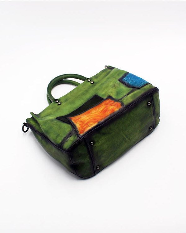 Fashion Green Patchwork Calf Leather Rivet Tote Handbag