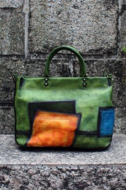 Fashion Green Patchwork Calf Leather Rivet Tote Handbag