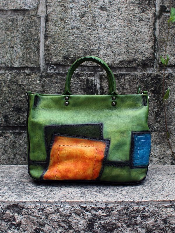 Fashion Green Patchwork Calf Leather Rivet Tote Handbag
