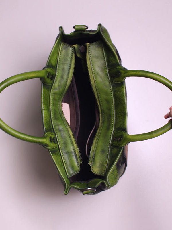 Fashion Green Patchwork Calf Leather Rivet Tote Handbag