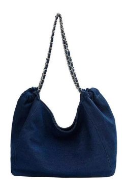 Fashion Navy Chain Linked Large Capacity Denim Satchel Handbag