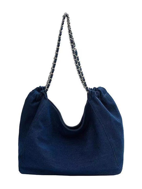 Fashion Navy Chain Linked Large Capacity Denim Satchel Handbag