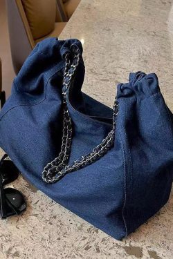 Fashion Navy Chain Linked Large Capacity Denim Satchel Handbag