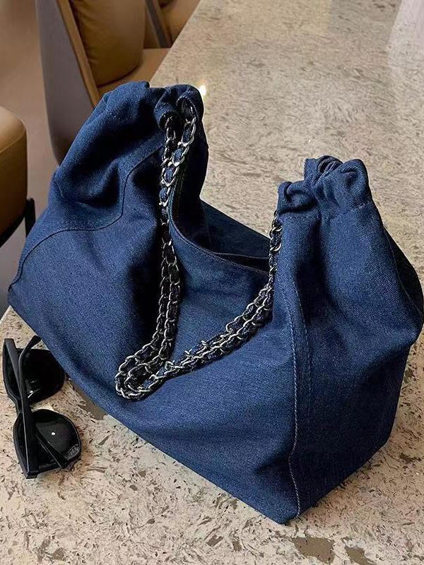 Fashion Navy Chain Linked Large Capacity Denim Satchel Handbag