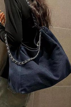 Fashion Navy Chain Linked Large Capacity Denim Satchel Handbag