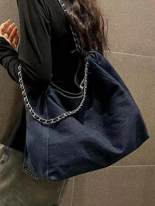 Fashion Navy Chain Linked Large Capacity Denim Satchel Handbag